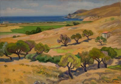 Simple Mytilene Landscape with Sea in Background — Oil painting, Canvas, 46.00×65.00cm — Theodoros Markellos